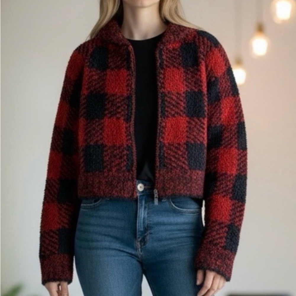 SKIMS Red and Black Plaid Zip-Up Cozy Jacket - Picture 2 of 10